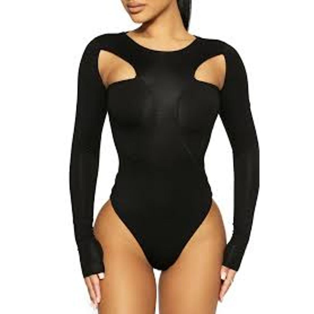 Naked Wardrobe Women's Long Sleeve Cut-Out Bodysuit One Piece Solid Black Size L